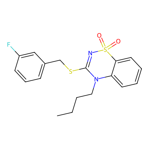 4-butyl-3-((3-fluorobenzyl)thio)-4H-benzo[e][1,2,4]thiadiazine 1,1-dioxide structure