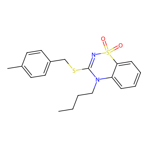 4-butyl-3-((4-methylbenzyl)thio)-4H-benzo[e][1,2,4]thiadiazine 1,1-dioxide structure