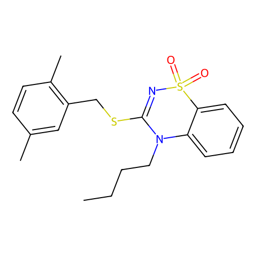 4-butyl-3-((2,5-dimethylbenzyl)thio)-4H-benzo[e][1,2,4]thiadiazine 1,1-dioxide structure