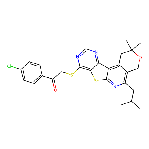 1-(4-chlorophenyl)-2-((5-isobutyl-2,2-dimethyl-2,4-dihydro-1H-pyrano[4'',3'':4',5']pyrido[3',2':4,5]thieno[3,2-d]pyrimidin-8-yl)thio)ethanone structure