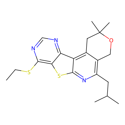 8-(ethylsulfanyl)-2,2-dimethyl-5-(2-methylpropyl)-1,4-dihydro-2H-pyrano[4'',3'':4',5']pyrido[3',2':4,5]thieno[3,2-d]pyrimidine structure