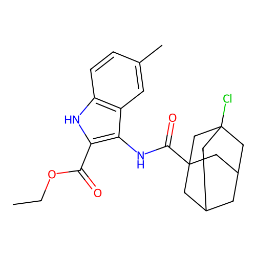 ethyl 3-((1r,3s,5R,7S)-3-chloroadamantane-1-carboxamido)-5-methyl-1H-indole-2-carboxylate structure