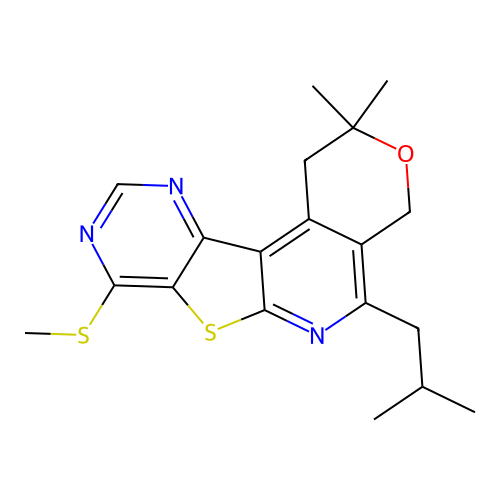 2,2-dimethyl-5-(2-methylpropyl)-8-(methylsulfanyl)-1,4-dihydro-2H-pyrano[4'',3'':4',5']pyrido[3',2':4,5]thieno[3,2-d]pyrimidine structure