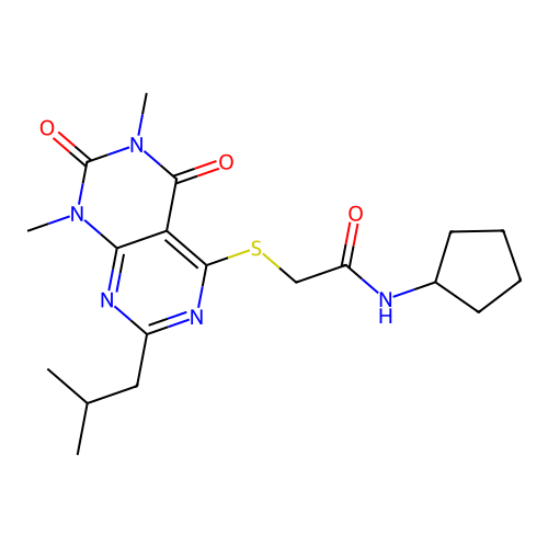N-cyclopentyl-2-((2-isobutyl-6,8-dimethyl-5,7-dioxo-5,6,7,8-tetrahydropyrimido[4,5-d]pyrimidin-4-yl)thio)acetamide structure