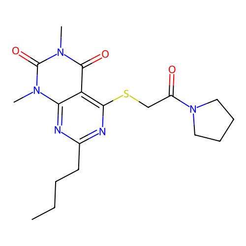 7-butyl-1,3-dimethyl-5-((2-oxo-2-(pyrrolidin-1-yl)ethyl)thio)pyrimido[4,5-d]pyrimidine-2,4(1H,3H)-dione structure