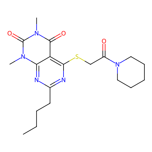 7-butyl-1,3-dimethyl-5-((2-oxo-2-(piperidin-1-yl)ethyl)thio)pyrimido[4,5-d]pyrimidine-2,4(1H,3H)-dione structure