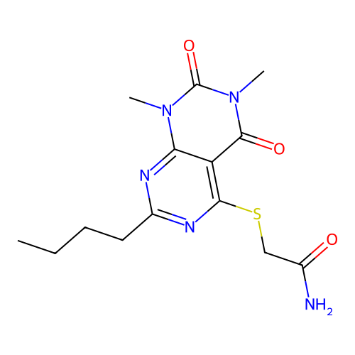 2-(7-Butyl-1,3-dimethyl-2,4-dioxopyrimido[4,5-d]pyrimidin-5-yl)sulfanylacetamide structure