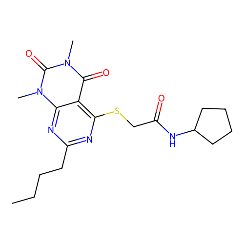 2-((2-butyl-6,8-dimethyl-5,7-dioxo-5,6,7,8-tetrahydropyrimido[4,5-d]pyrimidin-4-yl)thio)-N-cyclopentylacetamide structure