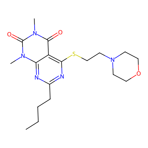 7-butyl-1,3-dimethyl-5-((2-morpholinoethyl)thio)pyrimido[4,5-d]pyrimidine-2,4(1H,3H)-dione structure