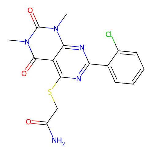 2-((2-(2-chlorophenyl)-6,8-dimethyl-5,7-dioxo-5,6,7,8-tetrahydropyrimido[4,5-d]pyrimidin-4-yl)thio)acetamide structure