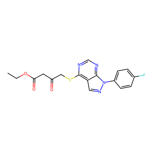 Ethyl 4-[1-(4-fluorophenyl)pyrazolo[3,4-d]pyrimidin-4-yl]sulfanyl-3-oxobutanoate structure