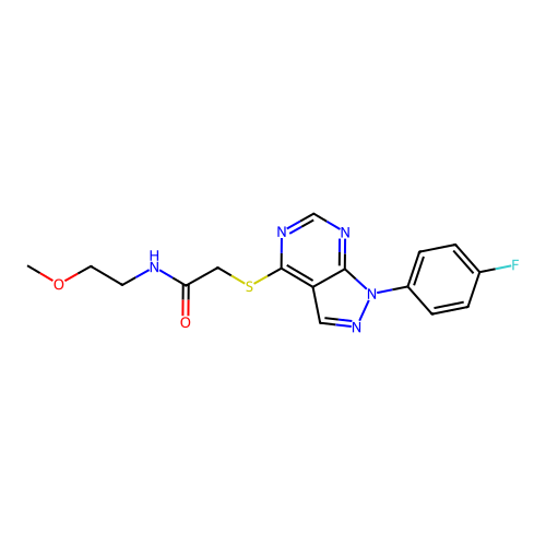 2-[1-(4-fluorophenyl)pyrazolo[3,4-d]pyrimidin-4-yl]sulfanyl-N-(2-methoxyethyl)acetamide structure