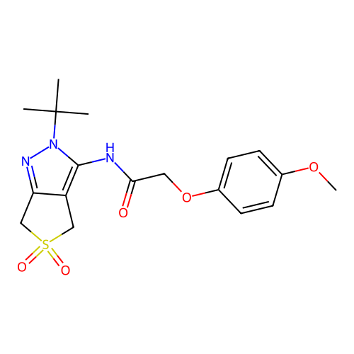 N-{2-tert-butyl-5,5-dioxo-2H,4H,6H-5lambda6-thieno[3,4-c]pyrazol-3-yl}-2-(4-methoxyphenoxy)acetamide structure