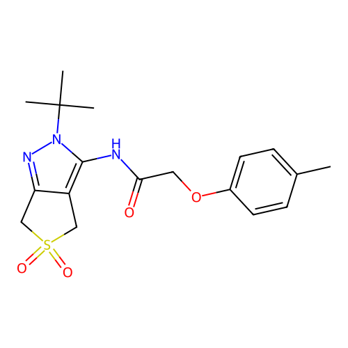N-{2-tert-butyl-5,5-dioxo-2H,4H,6H-5lambda6-thieno[3,4-c]pyrazol-3-yl}-2-(4-methylphenoxy)acetamide structure