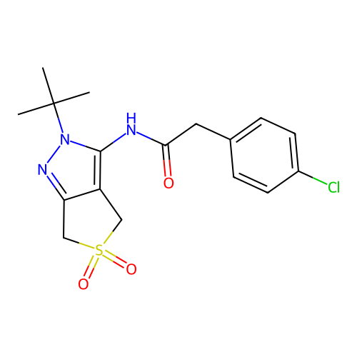 N-{2-tert-butyl-5,5-dioxo-2H,4H,6H-5lambda6-thieno[3,4-c]pyrazol-3-yl}-2-(4-chlorophenyl)acetamide structure