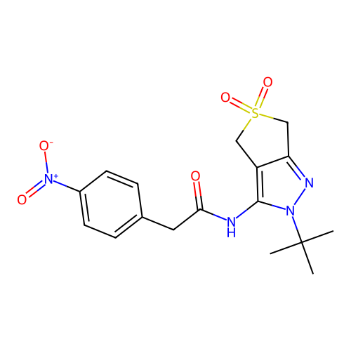 N-(2-tert-butyl-5,5-dioxo-4,6-dihydrothieno[3,4-c]pyrazol-3-yl)-2-(4-nitrophenyl)acetamide structure