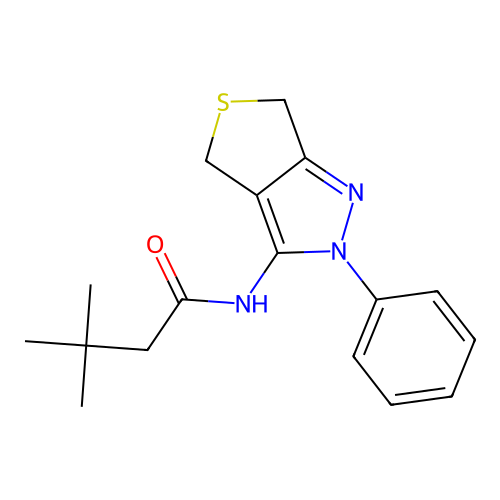 3,3-dimethyl-N-(2-phenyl-4,6-dihydrothieno[3,4-c]pyrazol-3-yl)butanamide structure