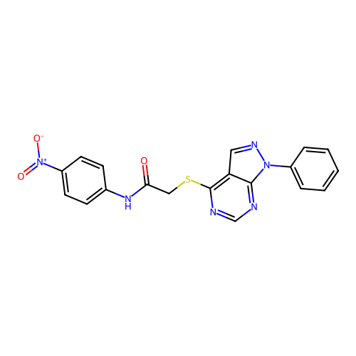 N-(4-nitrophenyl)-2-(1-phenylpyrazolo[3,4-d]pyrimidin-4-yl)sulfanylacetamide structure