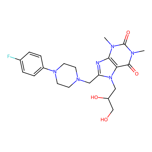 7-(2,3-dihydroxypropyl)-8-[[4-(4-fluorophenyl)piperazin-1-yl]methyl]-1,3-dimethylpurine-2,6-dione structure