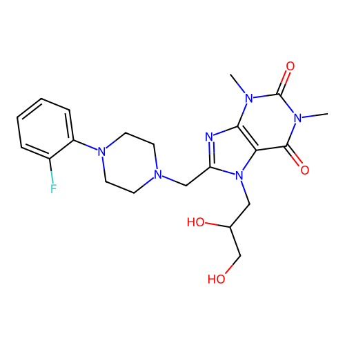 7-(2,3-dihydroxypropyl)-8-[[4-(2-fluorophenyl)piperazin-1-yl]methyl]-1,3-dimethylpurine-2,6-dione structure