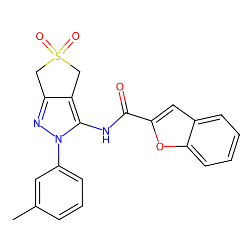 N-[2-(3-methylphenyl)-5,5-dioxo-2H,4H,6H-5lambda6-thieno[3,4-c]pyrazol-3-yl]-1-benzofuran-2-carboxamide structure