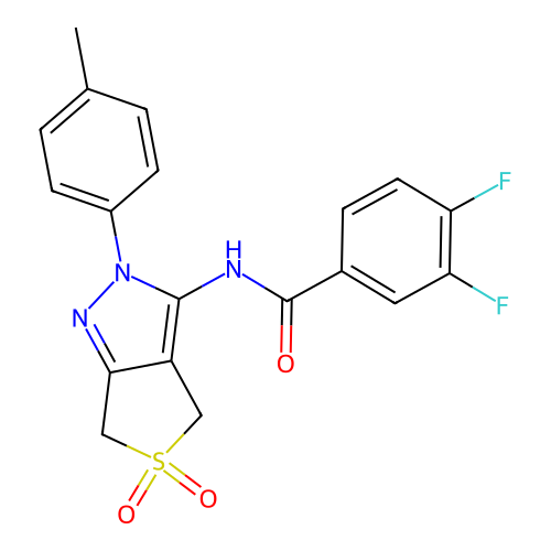 3,4-difluoro-N-[2-(4-methylphenyl)-5,5-dioxo-4,6-dihydrothieno[3,4-c]pyrazol-3-yl]benzamide structure