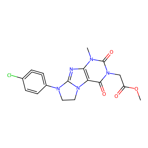 methyl [8-(4-chlorocyclohexa-1,2,3,5-tetraen-1-yl)-1-methyl-2,4-dioxo-1,2,4,6,7,8-hexahydro-3H-imidazo[2,1-f]purin-3-yl]acetate structure