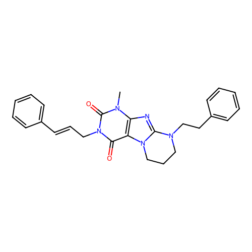 1-methyl-9-(2-phenylethyl)-3-[(2E)-3-phenylprop-2-en-1-yl]-6,7,8,9-tetrahydropyrimido[2,1-f]purine-2,4(1H,3H)-dione structure
