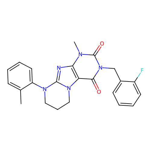 3-(2-fluorobenzyl)-1-methyl-9-(2-methylphenyl)-6,7,8,9-tetrahydropyrimido[2,1-f]purine-2,4(1H,3H)-dione structure