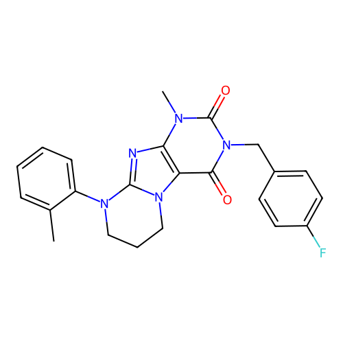 3-(4-fluorobenzyl)-1-methyl-9-(2-methylphenyl)-6,7,8,9-tetrahydropyrimido[2,1-f]purine-2,4(1H,3H)-dione structure