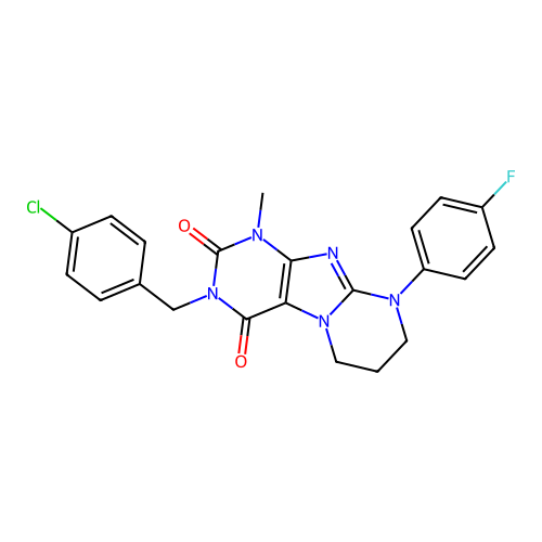 3-(4-chlorobenzyl)-9-(4-fluorophenyl)-1-methyl-6,7,8,9-tetrahydropyrimido[2,1-f]purine-2,4(1H,3H)-dione structure