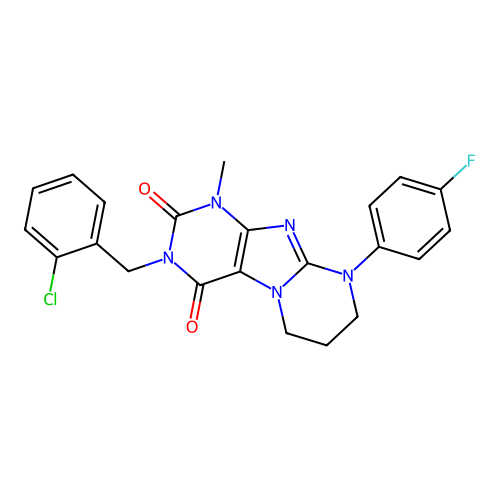 3-(2-chlorobenzyl)-9-(4-fluorophenyl)-1-methyl-6,7,8,9-tetrahydropyrimido[2,1-f]purine-2,4(1H,3H)-dione structure