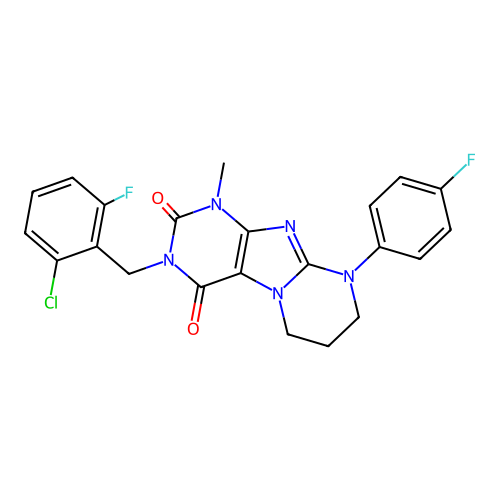 3-(2-chloro-6-fluorobenzyl)-9-(4-fluorophenyl)-1-methyl-6,7,8,9-tetrahydropyrimido[2,1-f]purine-2,4(1H,3H)-dione structure