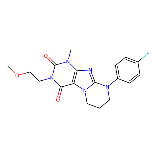 9-(4-fluorophenyl)-3-(2-methoxyethyl)-1-methyl-6,7,8,9-tetrahydropyrimido[2,1-f]purine-2,4(1H,3H)-dione structure