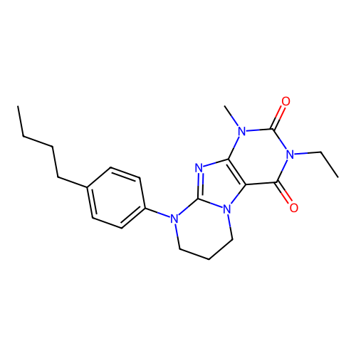 9-(4-butylphenyl)-3-ethyl-1-methyl-6,7,8,9-tetrahydropyrimido[2,1-f]purine-2,4(1H,3H)-dione structure