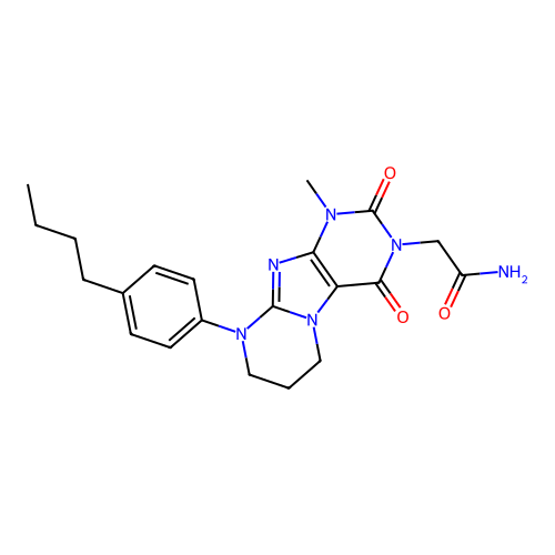 2-[9-(4-butylphenyl)-1-methyl-2,4-dioxo-1,3,5-trihydro-6H,7H,8H-1,3-diazaperhy droino[1,2-h]purin-3-yl]acetamide structure