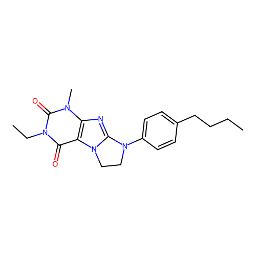 8-(4-butylphenyl)-3-ethyl-1-methyl-1,3,5-trihydroimidazolidino[1,2-h]purine-2, 4-dione structure