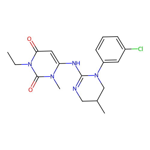 6-[[1-(3-chlorophenyl)-5-methyl-5,6-dihydro-4H-pyrimidin-2-yl]amino]-3-ethyl-1-methylpyrimidine-2,4-dione structure