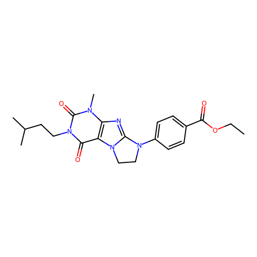 ethyl 4-[1-methyl-3-(3-methylbutyl)-2,4-dioxo-1,2,3,4,6,7-hexahydro-8H-imidazo[2,1-f]purin-8-yl]benzoate structure