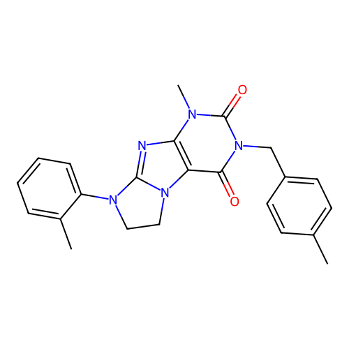 1-methyl-8-(2-methylphenyl)-3-[(4-methylphenyl)methyl]-1,3,5-trihydroimidazoli dino[1,2-h]purine-2,4-dione structure