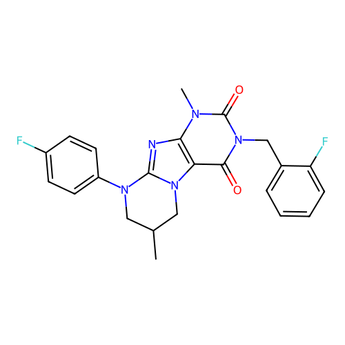 3-(2-fluorobenzyl)-9-(4-fluorophenyl)-1,7-dimethyl-6,7,8,9-tetrahydropyrimido[2,1-f]purine-2,4(1H,3H)-dione structure
