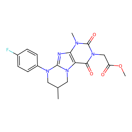 methyl [9-(4-fluorophenyl)-1,7-dimethyl-2,4-dioxo-1,4,6,7,8,9-hexahydropyrimido[2,1-f]purin-3(2H)-yl]acetate structure