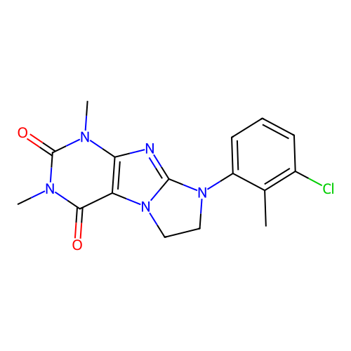 8-(3-chloro-2-methylphenyl)-1,3-dimethyl-1,3,5-trihydroimidazolidino[1,2-h]pur ine-2,4-dione structure