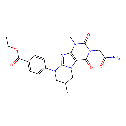 ethyl 4-[3-(carbamoylmethyl)-1,7-dimethyl-2,4-dioxo-1,3,5-trihydro-6H,7H,8H-1, 3-diazaperhydroino[1,2-h]purin-9-yl]benzoate structure