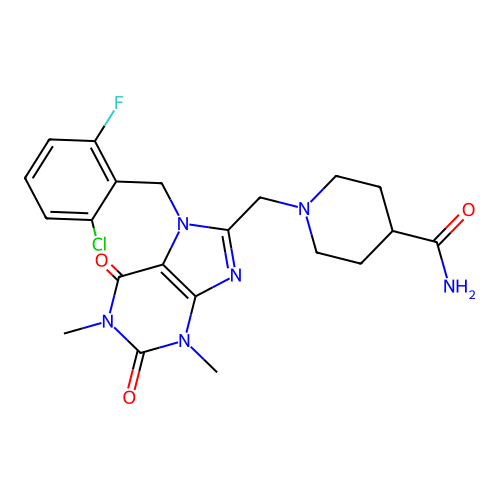1-[[7-[(2-chloro-6-fluorophenyl)methyl]-1,3-dimethyl-2,6-dioxopurin-8-yl]methyl]piperidine-4-carboxamide structure