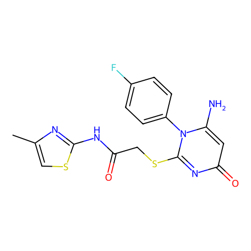 2-((6-amino-1-(4-fluorophenyl)-4-oxo-1,4-dihydropyrimidin-2-yl)thio)-N-(4-methylthiazol-2-yl)acetamide structure