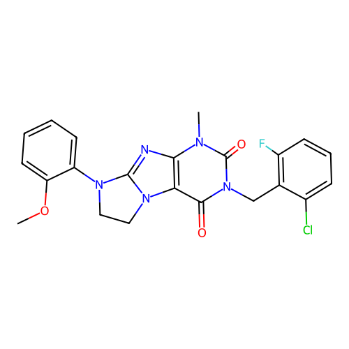 2-[(2-chloro-6-fluorophenyl)methyl]-6-(2-methoxyphenyl)-4-methyl-7,8-dihydropurino[7,8-a]imidazole-1,3-dione structure