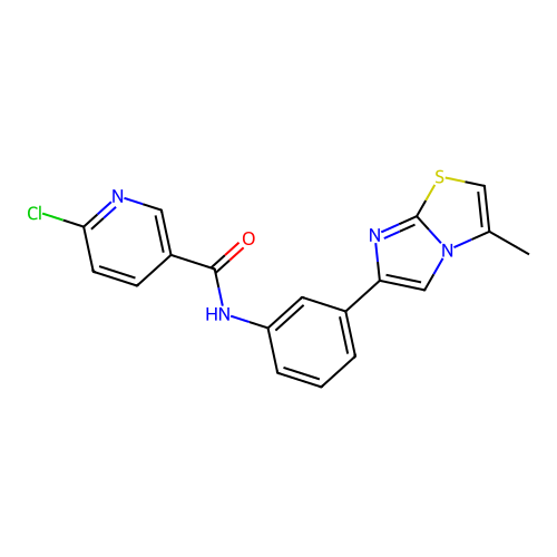 6-chloro-N-(3-{3-methylimidazo[2,1-b][1,3]thiazol-6-yl}phenyl)pyridine-3-carboxamide structure
