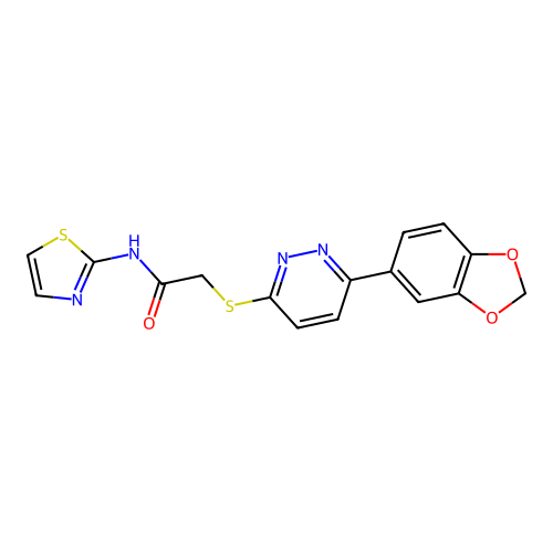 2-((6-(benzo[d][1,3]dioxol-5-yl)pyridazin-3-yl)thio)-N-(thiazol-2-yl)acetamide structure