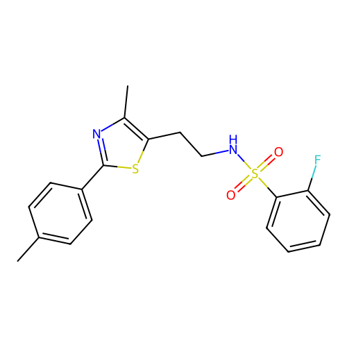 2-fluoro-N-{2-[4-methyl-2-(4-methylphenyl)-1,3-thiazol-5-yl]ethyl}benzene-1-sulfonamide structure
